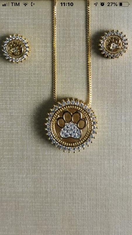 Conjunto Patinha de Cachorro Zirconias Brancas Semijoia Dourada - Imagem 10
